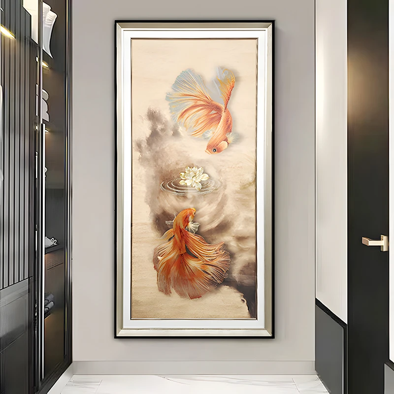 新款鲤送福图高货刺绣中式沙发背景装饰画客厅书房刺绣锦鲤80160
