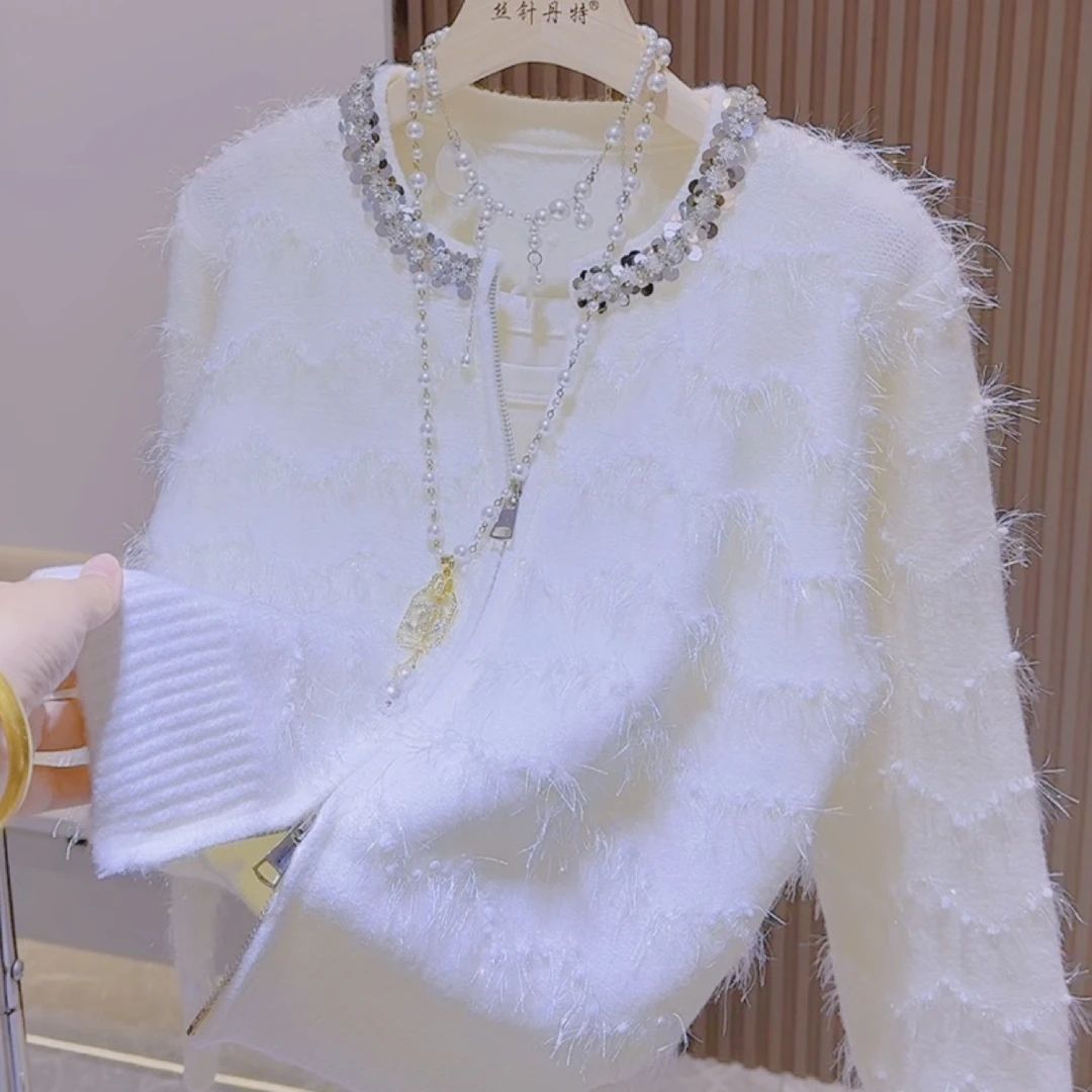 别小香风亮片圆领毛衣外套女秋冬新款法式慵懒宽松长袖针织开衫