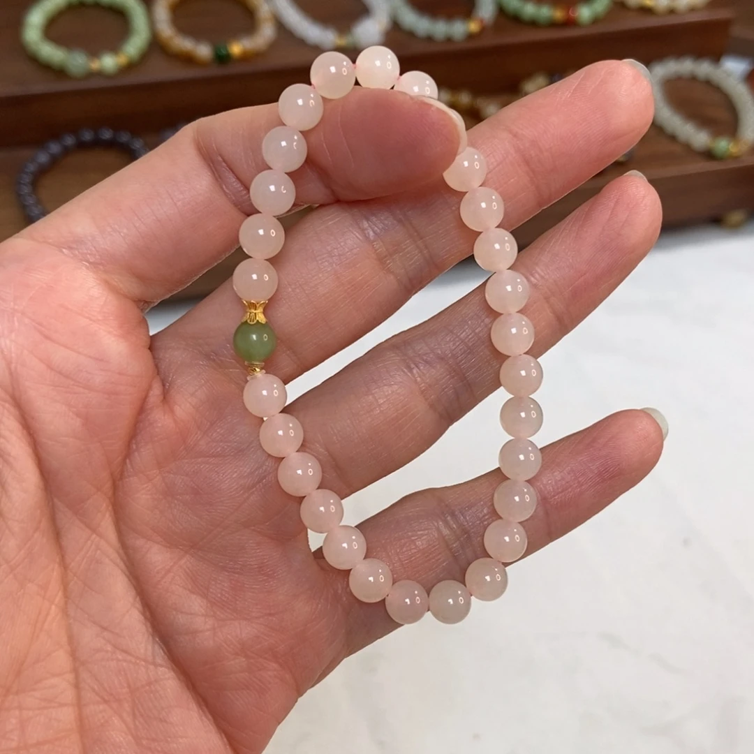 和田玉18K金镶嵌手链6mm熟藕粉