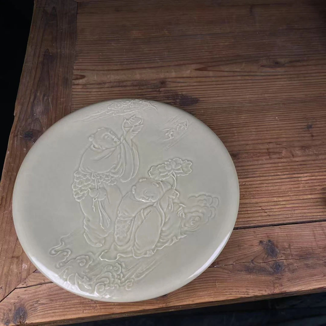 龙泉青瓷越窑釉水和合二仙赏盘壶承纯手工古风(微微暇)