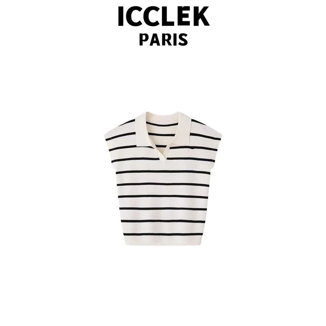 ICCLEK 白色条纹针织无袖背心 百搭 时尚 -5596