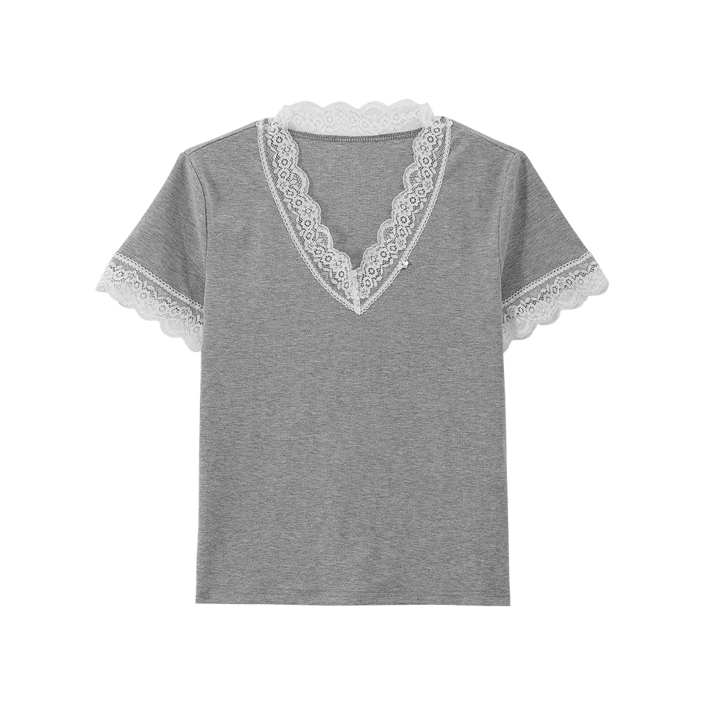 春季新款韩版时尚V领拼接蕾丝花边T恤63670