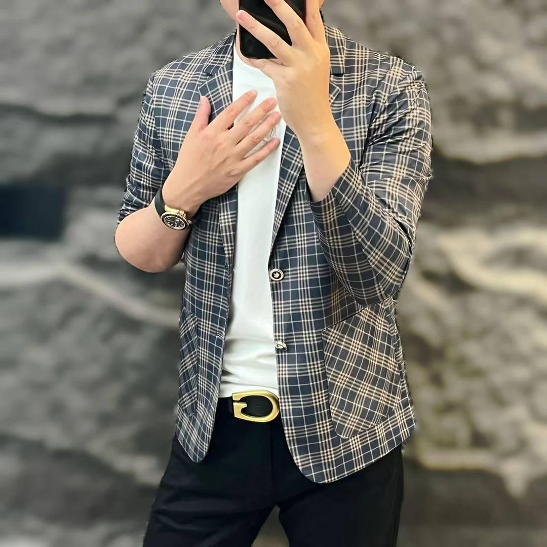 新款高端男士潮流百搭个性格子长袖西服