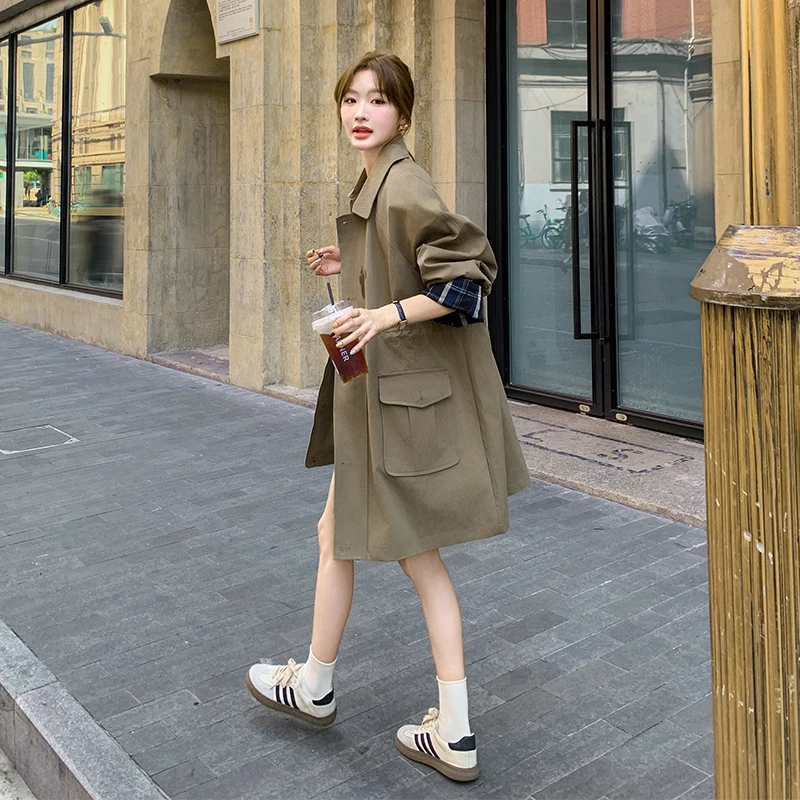 卡其风衣外套女2025秋显瘦韩式小个子垂感中长款翻领通勤复古大衣