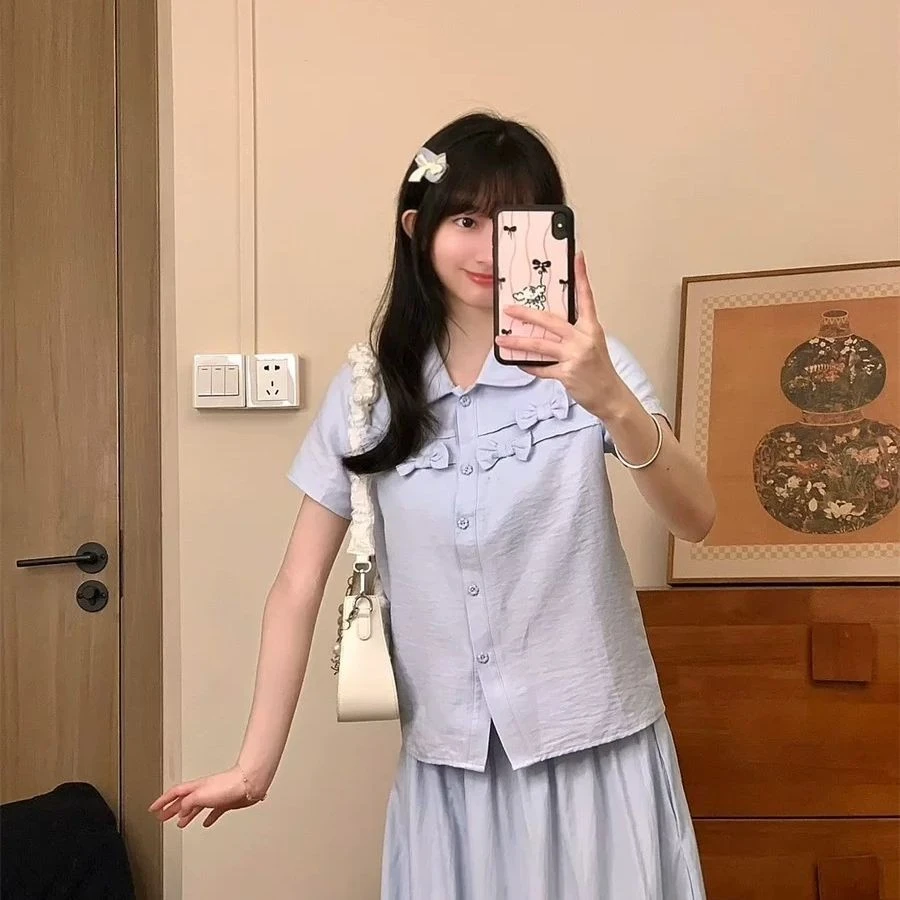 小清新甜美立体蝴蝶结短袖女韩系polo领花朵纽扣短款衬衫夏季新款