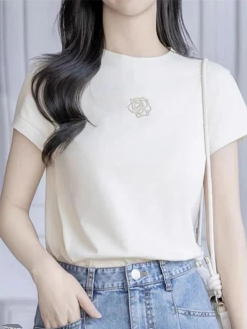 293【衣长55】正肩冰丝短袖女t恤2025新款百搭修身夏季洋气短款上衣