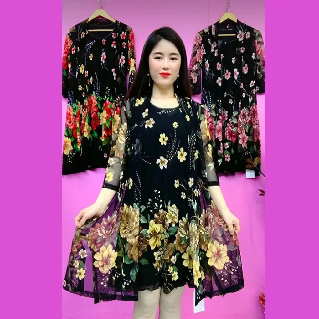 牡丹花两件套连衣裙（无袖裙+外披）洋气减龄时尚夏季显瘦印花裙