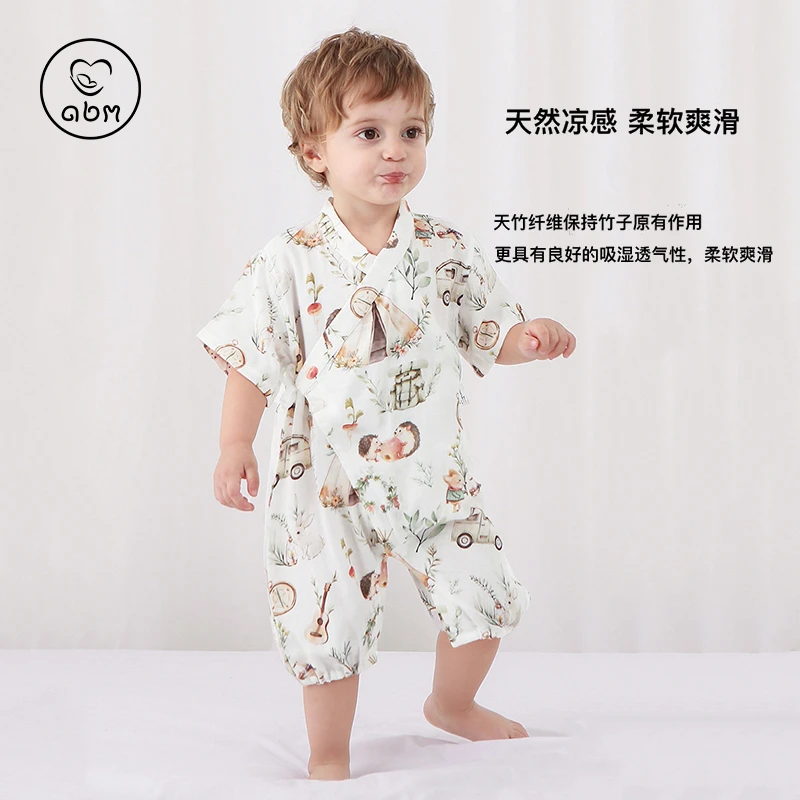 艾贝姆婴儿短袖连体衣竹纤维夏装空调服竹棉睡衣男女宝宝透气衣服