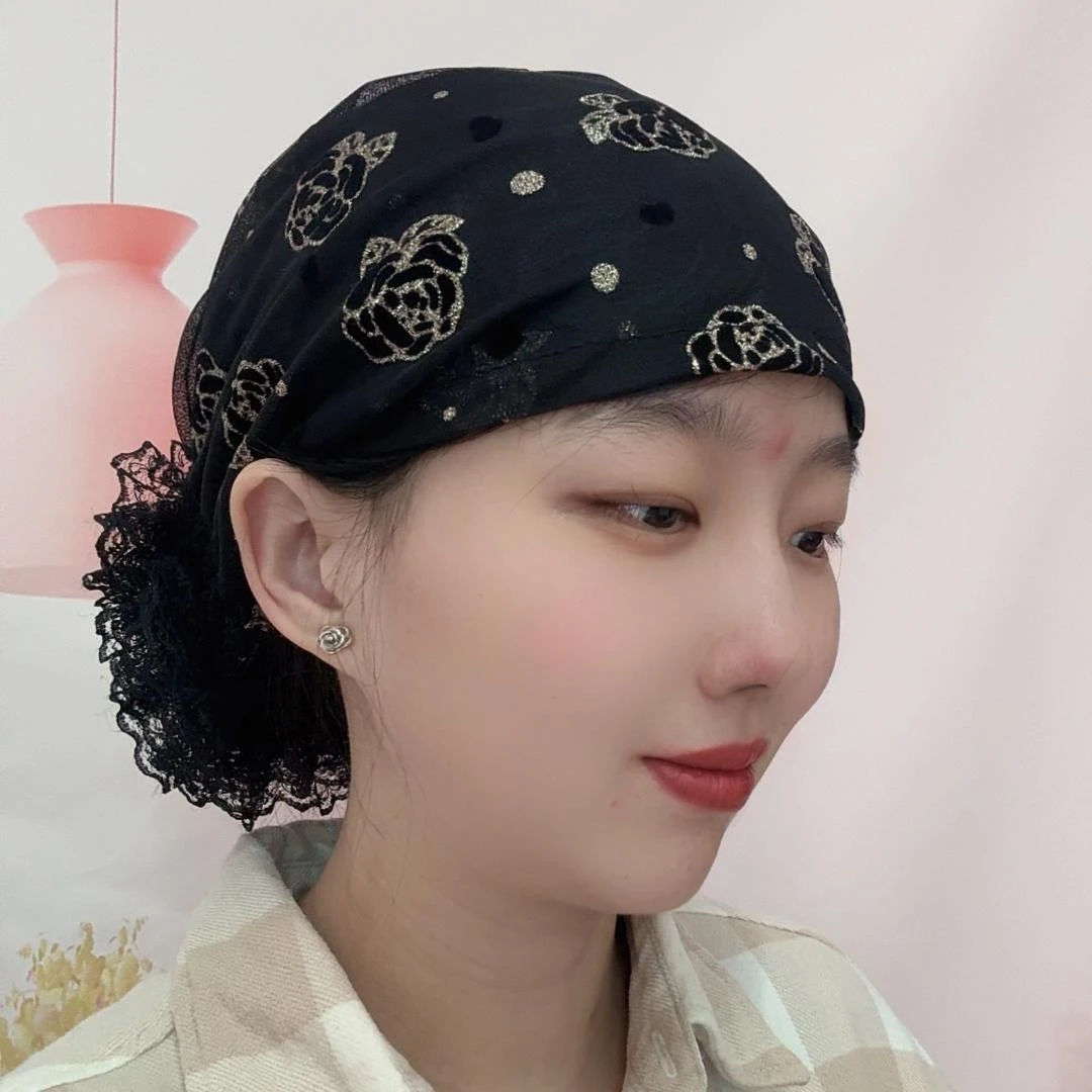 夏季薄款大花包头帽2025新款遮白发帽子洋气减龄妈妈帽束发发带帽