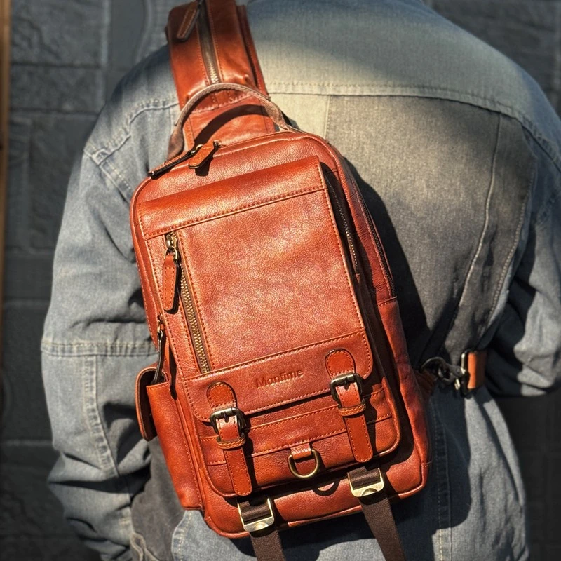 慢时光纯手工擦色头层植鞣牛皮胸包休闲复古斜挎包真皮男女单肩包