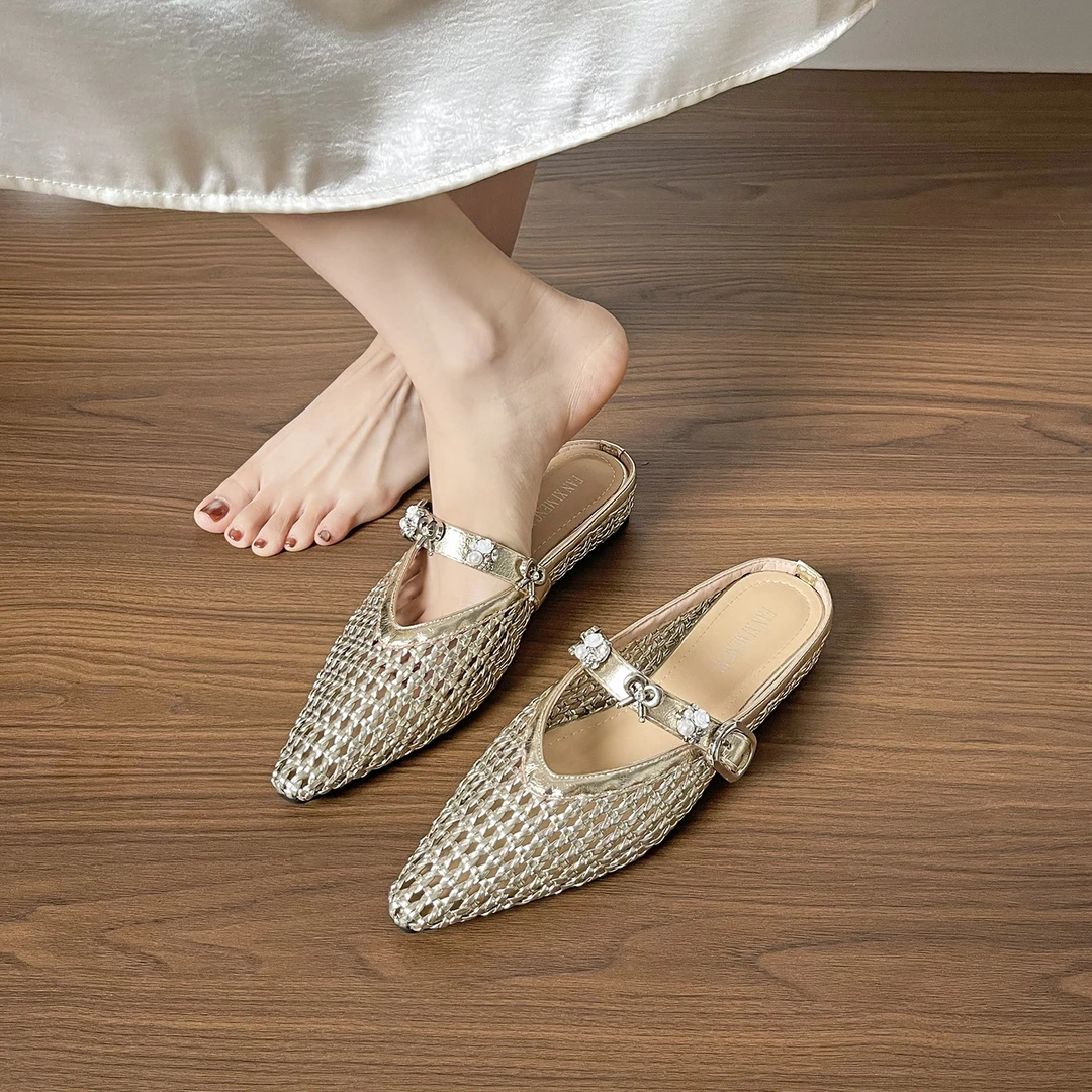 法式镂空编织内增高半拖鞋2025新款圆头一字带玛丽珍鞋洞洞鞋凉鞋