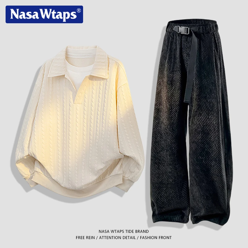 NASA WTAPS美式假两件polo衫卫衣男款春秋季提花宽松休闲运动套装