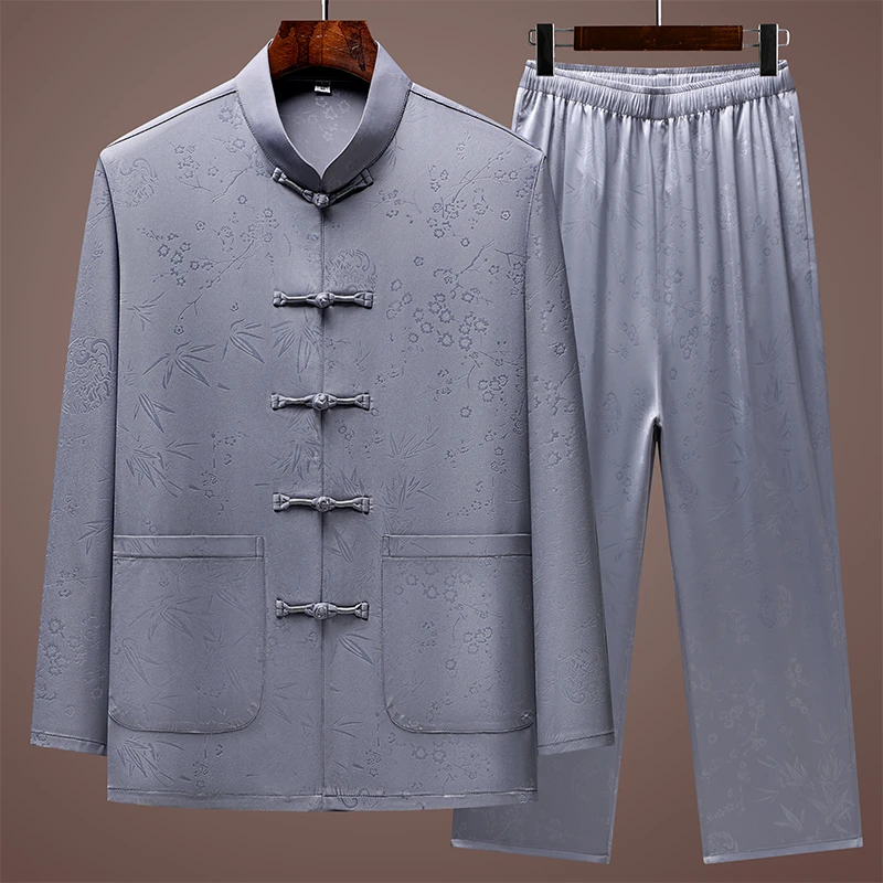 中式男士春夏长袖2025新款中老年爸爸唐装冰丝套装老年人爷爷夏装