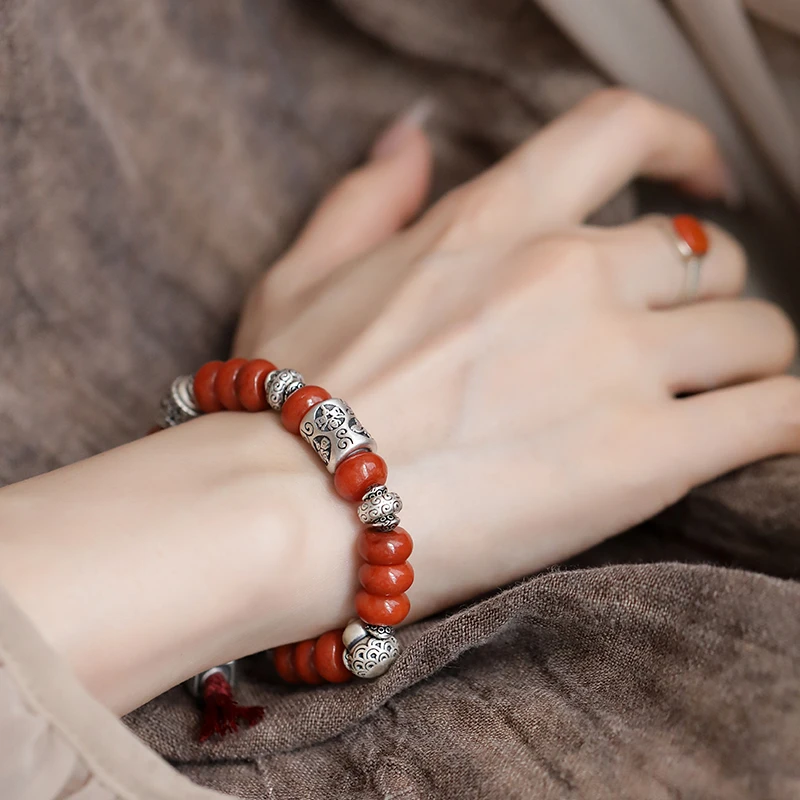 S11803<晶贵坊2>足银红翡翠如意五路财神日富一日手链中式配饰女