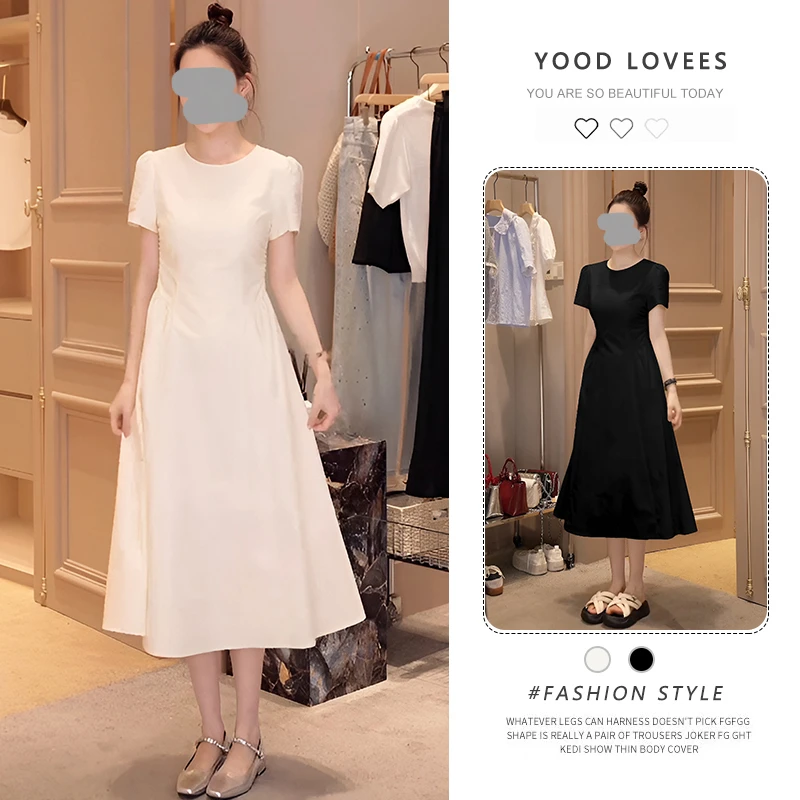 夏季时尚高级感简约风温柔连衣裙收腰掐腰显瘦甜美风气质风中长裙