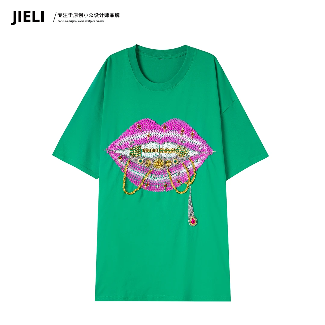 JIE LI/街力设计师高级感夏季显瘦休闲绿色短袖女FW005