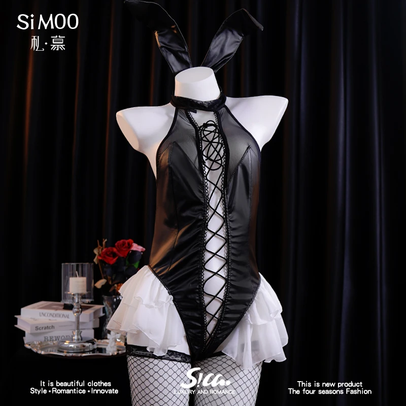 【摩登兔兔】甜辣皮裙吊带白色睡裙黑色性感ol睡衣女绑带美背短裙