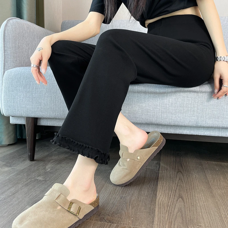 木耳边微喇叭裤女夏薄款2025新款高腰显瘦垂感休闲直筒阔腿九分裤