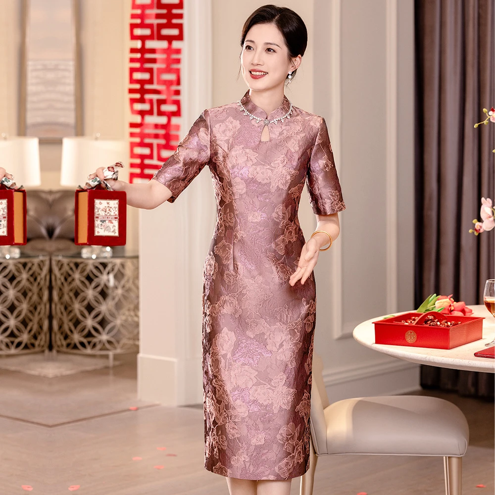 春季高贵气质喜婆婆婚礼新中式中长款旗袍大码喜妈妈修身敬酒礼服