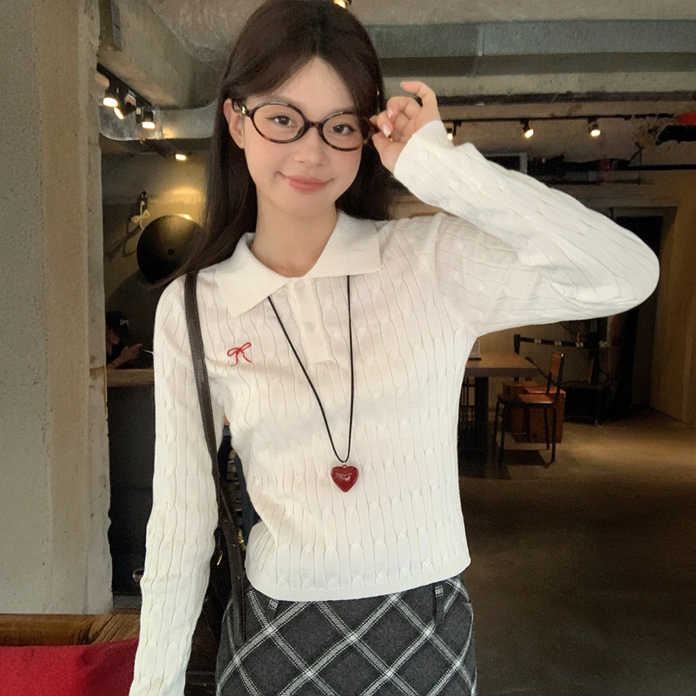 蝴蝶结刺绣甜美温柔风polo领针织衫女2025春秋修身高级感毛衣上衣