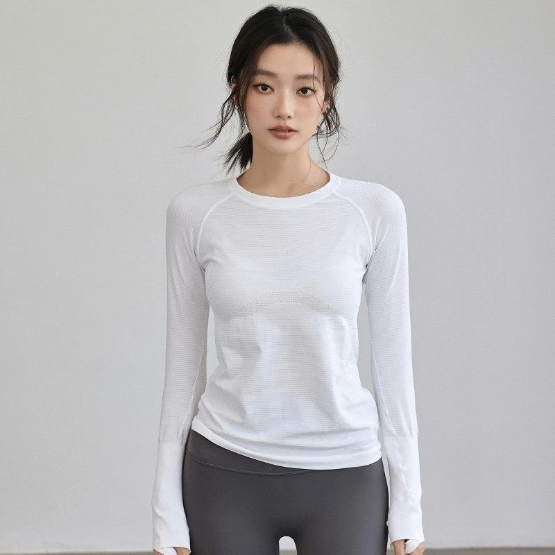 速干秋冬季瑜伽服长袖新款圆领上衣薄款无缝跑步运动户外健身紧身