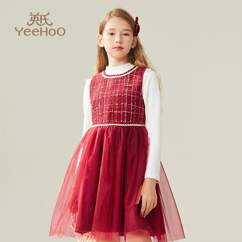 英氏【网纱背心】女童网纱连衣裙儿童秋冬加厚背心裙小香风裙子