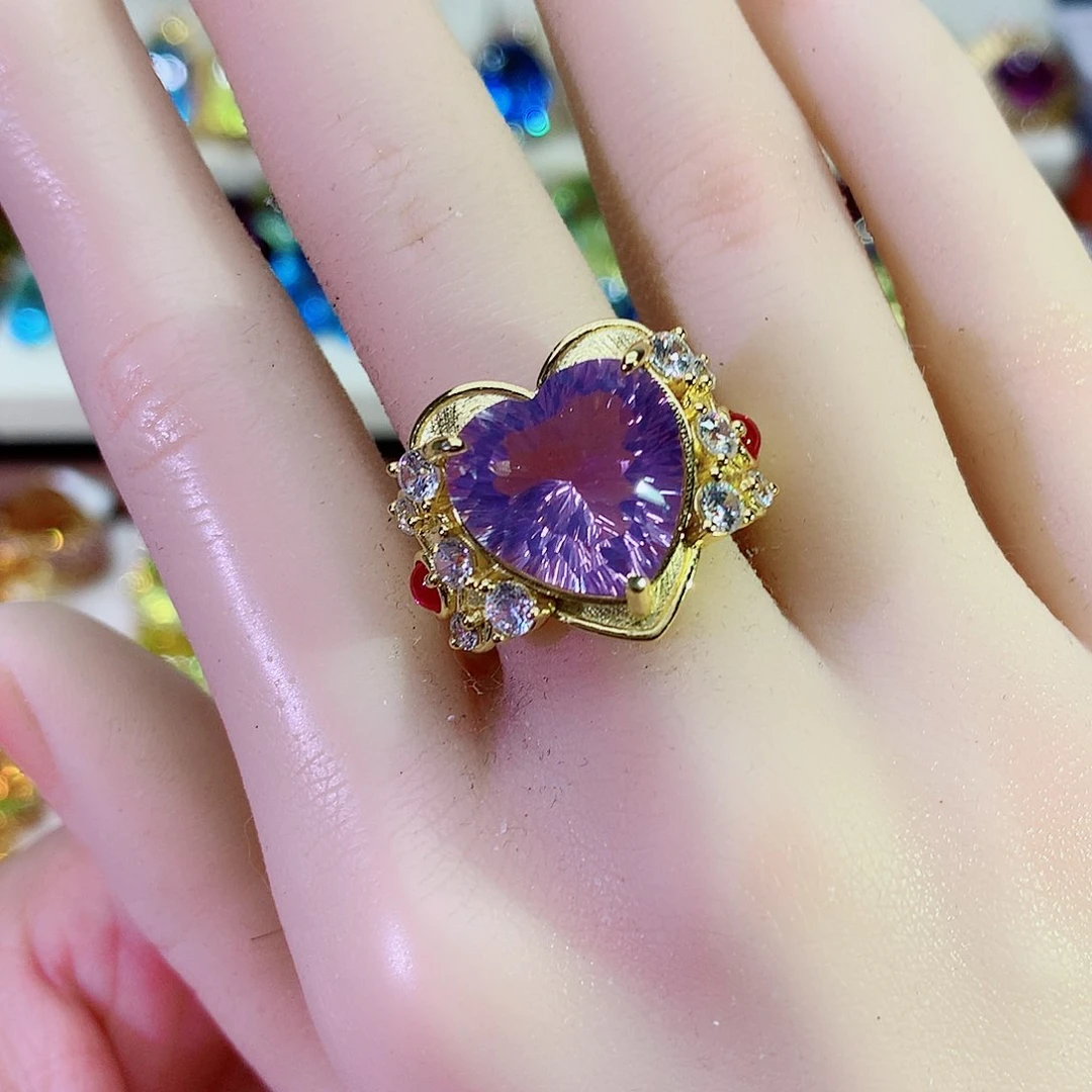 水晶戒指银S925镀金镶嵌