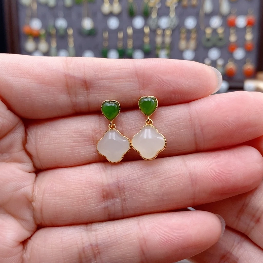 银S925镶嵌和田玉耳饰