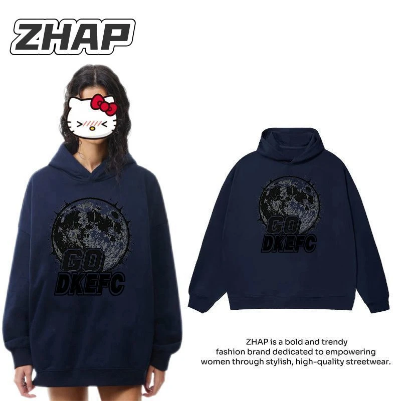 【ZHAP】重磅无帽绳连帽卫衣女秋冬款藏青色外穿加绒加厚宽松上衣潮