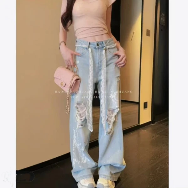 春夏季新款时尚直筒牛仔裤休闲风高腰大码百搭小众设计感修身显瘦