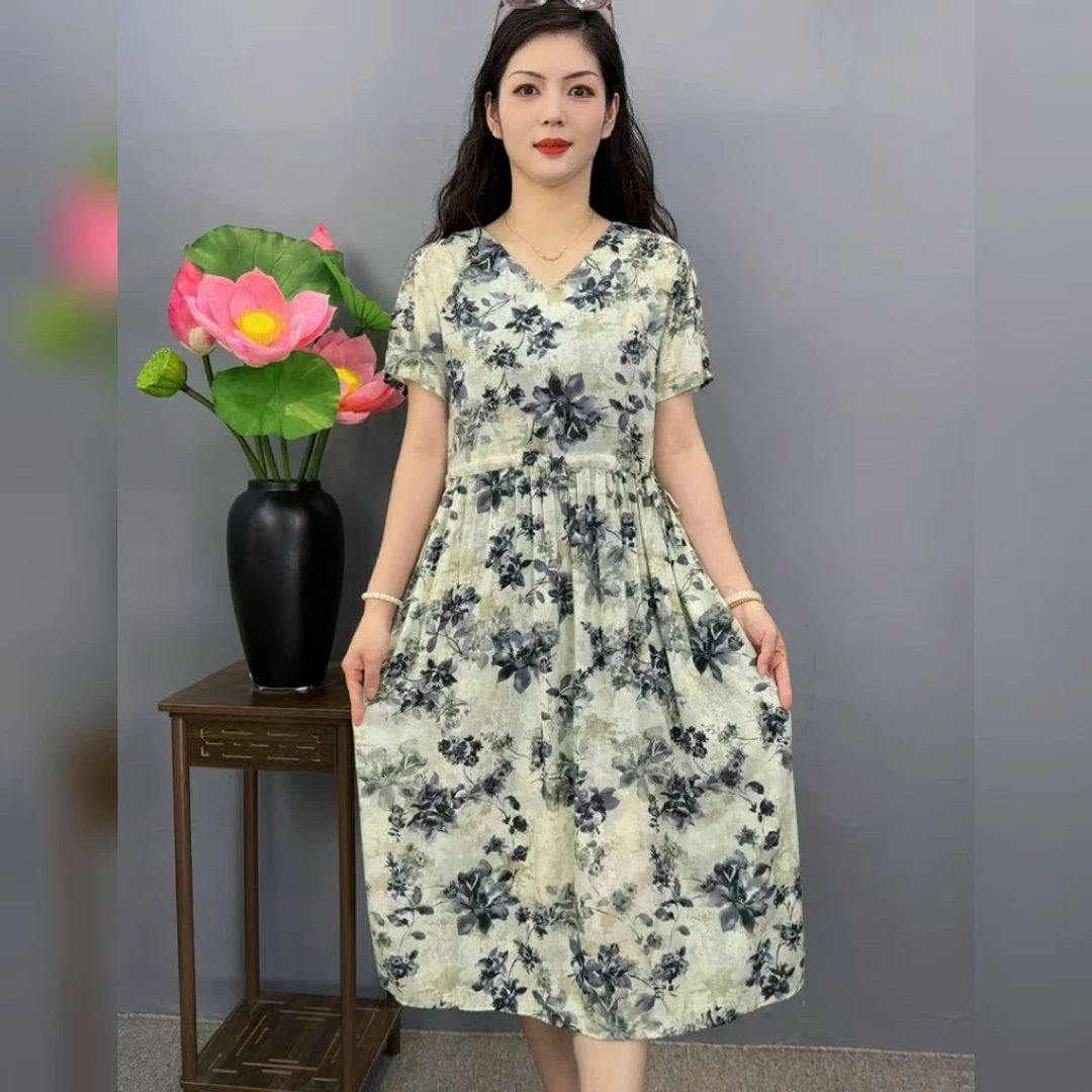【木棉】新款棉绸连衣裙夏季薄款宽松短袖显瘦遮肚连衣裙收腰