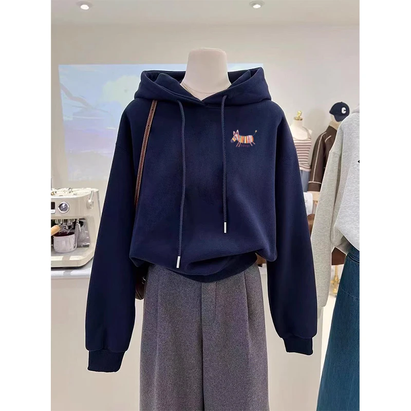 设计感小众秋冬新款2025加绒加厚套头连帽卫衣女短款宽松韩版外套