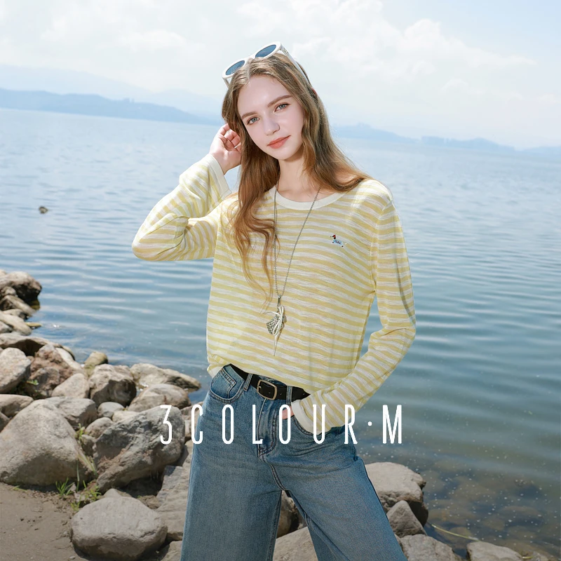 三彩2025夏季新款慵懒风黄色微透条纹针织衫罩衫防晒上衣女轻薄M