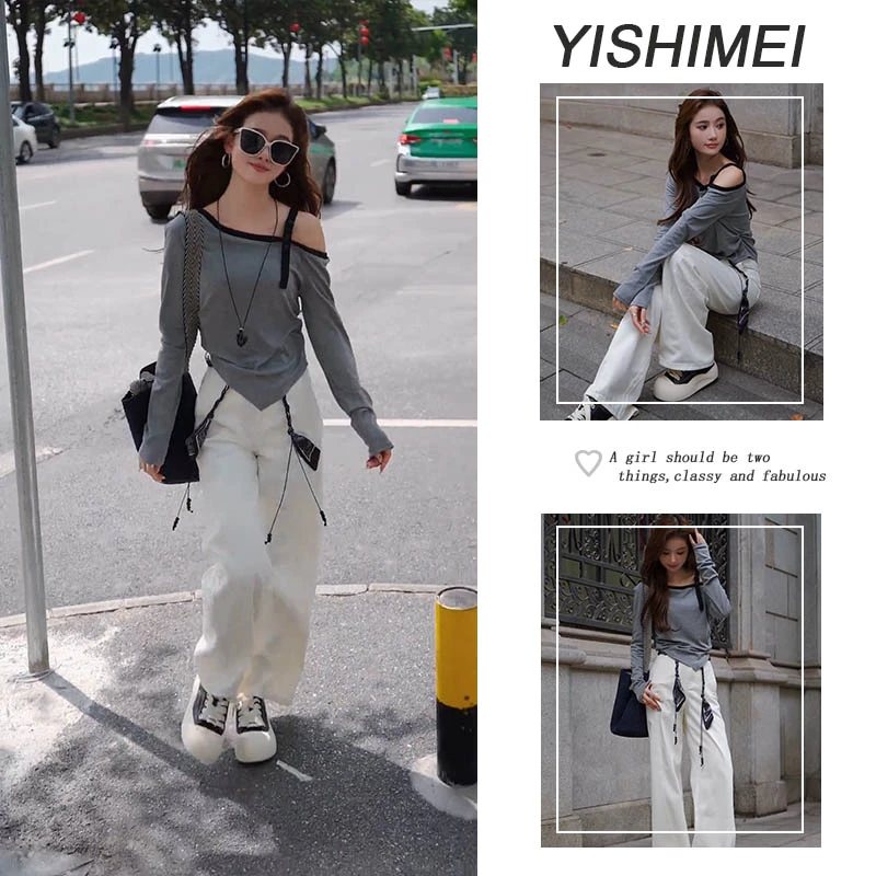 2025年早秋新款韩版时尚设计感露肩长袖T恤休闲阔腿裤两件套