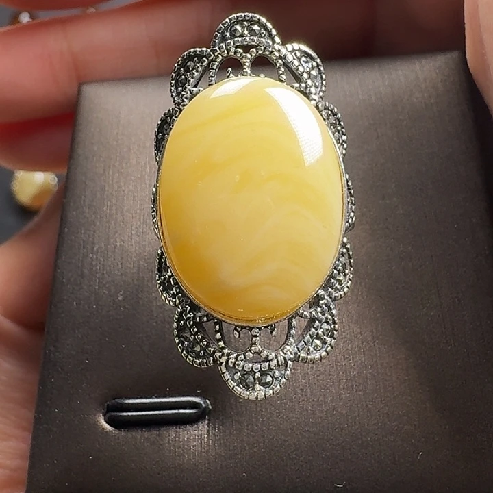 蜜蜡银S925镶嵌戒指戒指