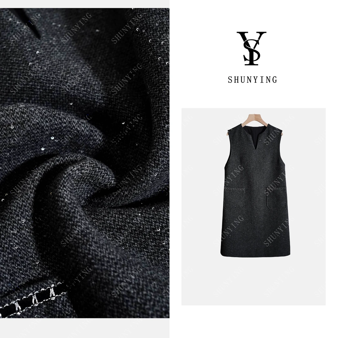 【仟娜】精致温柔气质~设计感时尚亮片纯色V领连衣裙SY66LYQ135