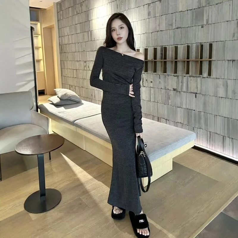 韩系高级感灰色斜肩长袖上衣高腰包臀半身裙两件套女秋季穿搭套装