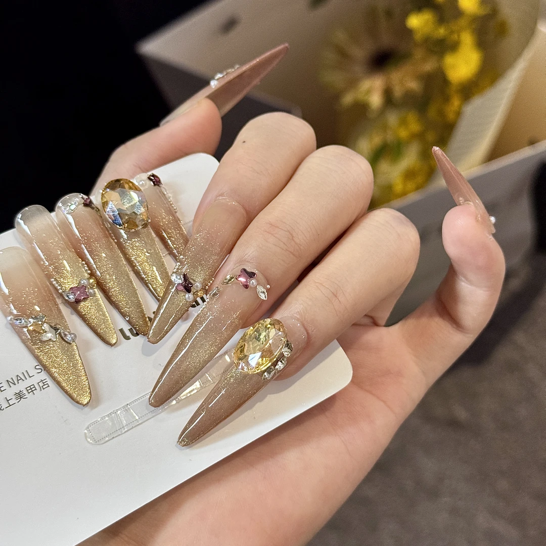 【孤品】云响·Nail·纯手工穿戴甲美式香槟 可多次使用 送工具包