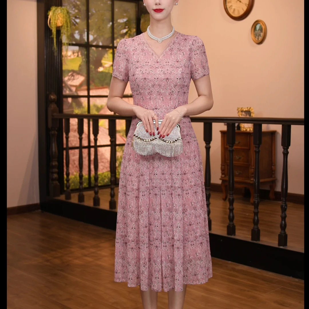 【香妮芬】83335高档弹力台湾纱妈妈连衣裙女夏季新款显瘦大码