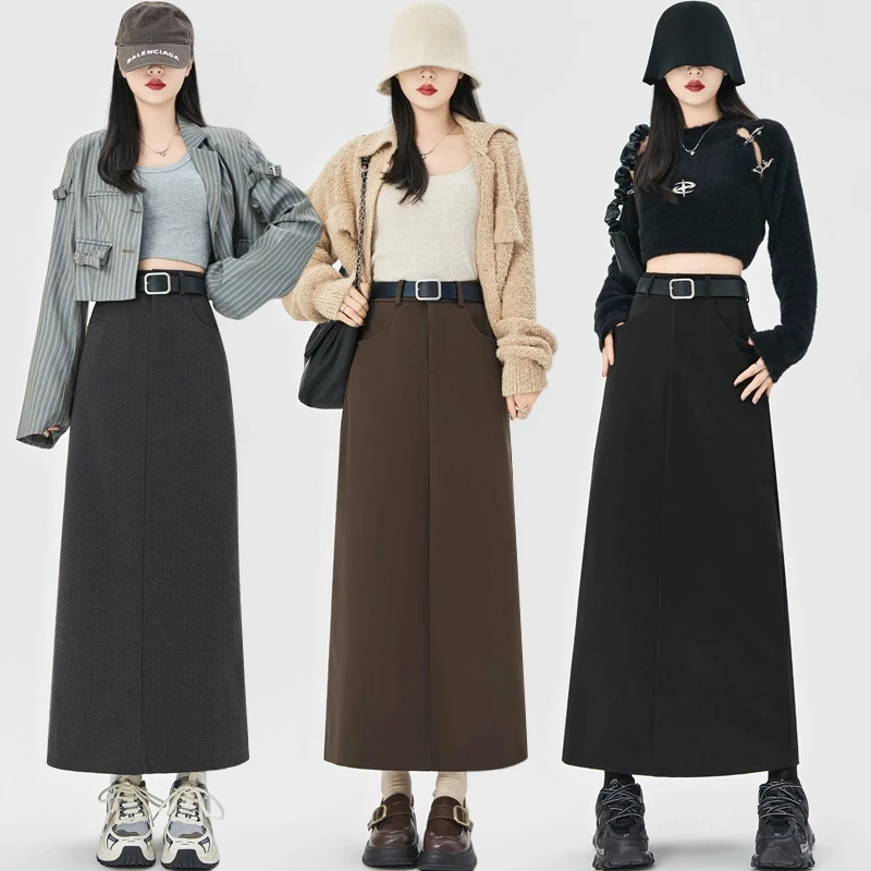 拉夏贝尔气质高腰毛呢a字裙女春秋新款显瘦直筒一步裙开叉包臀裙