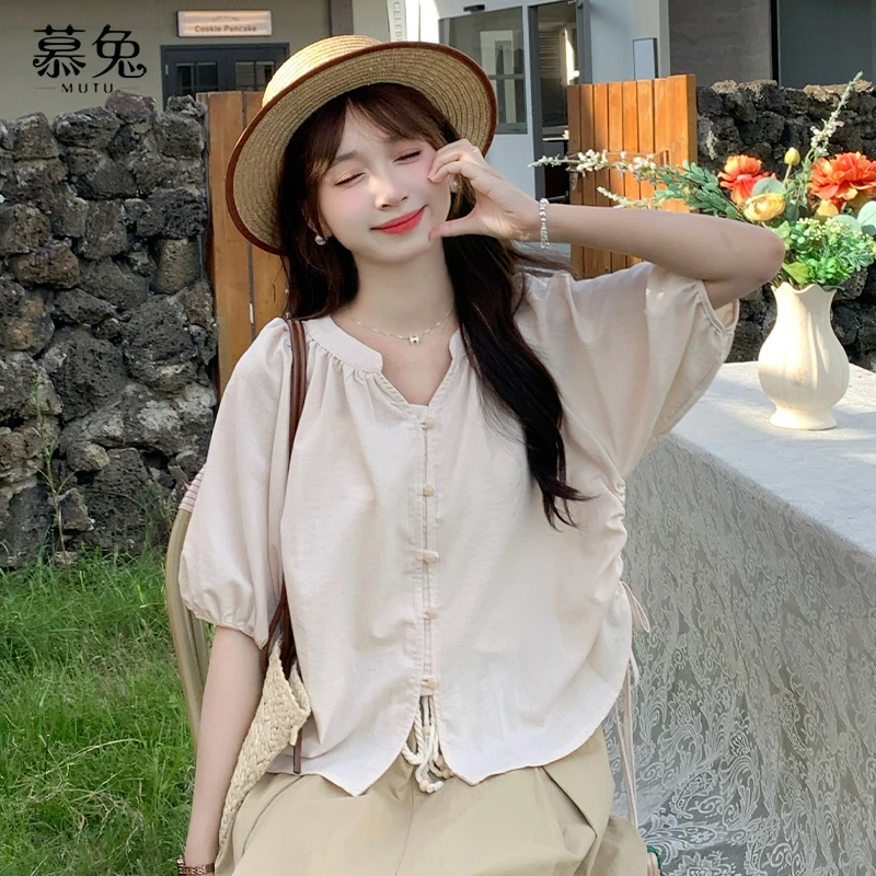 法式甜美褶皱灯笼袖衬衫女2024夏季新款宽松显瘦百搭小众上衣