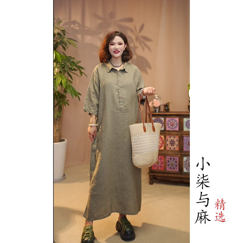 【小柒与麻】100%雨露汉麻翻领半开襟长款裙袍（衣长119胸围120）