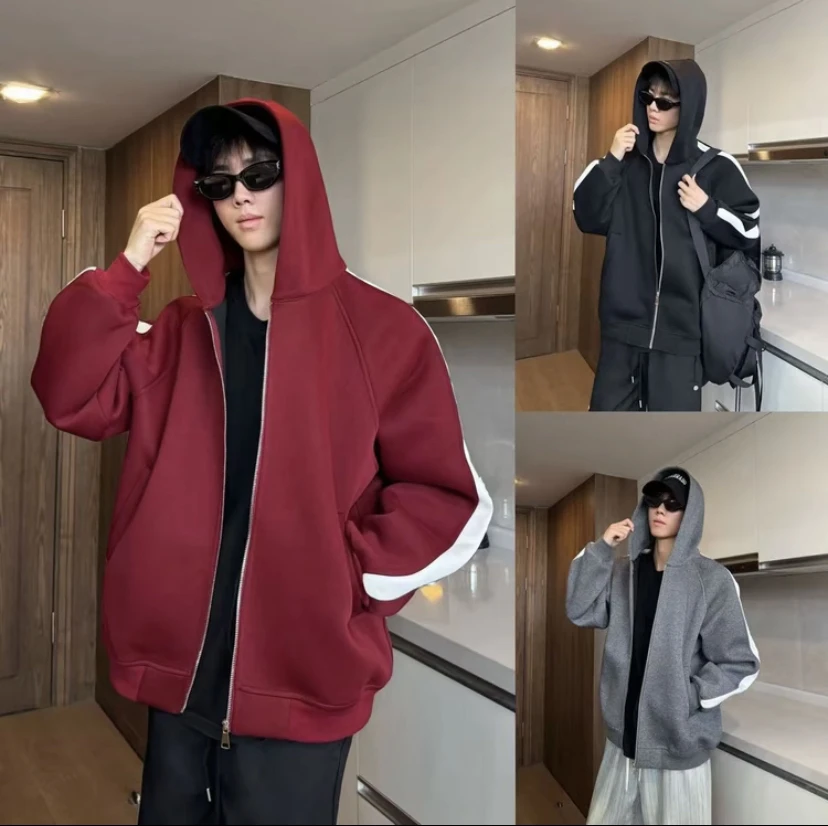 【重磅高克重】秋季美式连帽卫衣男百搭休闲拼接运动开衫外套情侣款