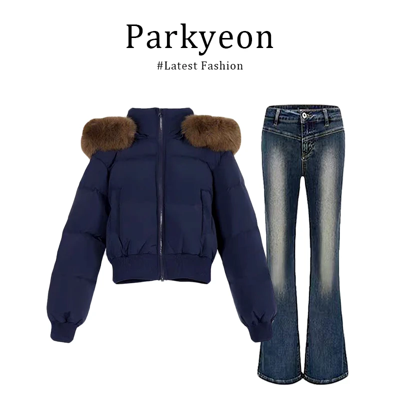 parkyeon美式藏青立领短款毛领连帽棉服外套棉衣两件套裤装女冬季