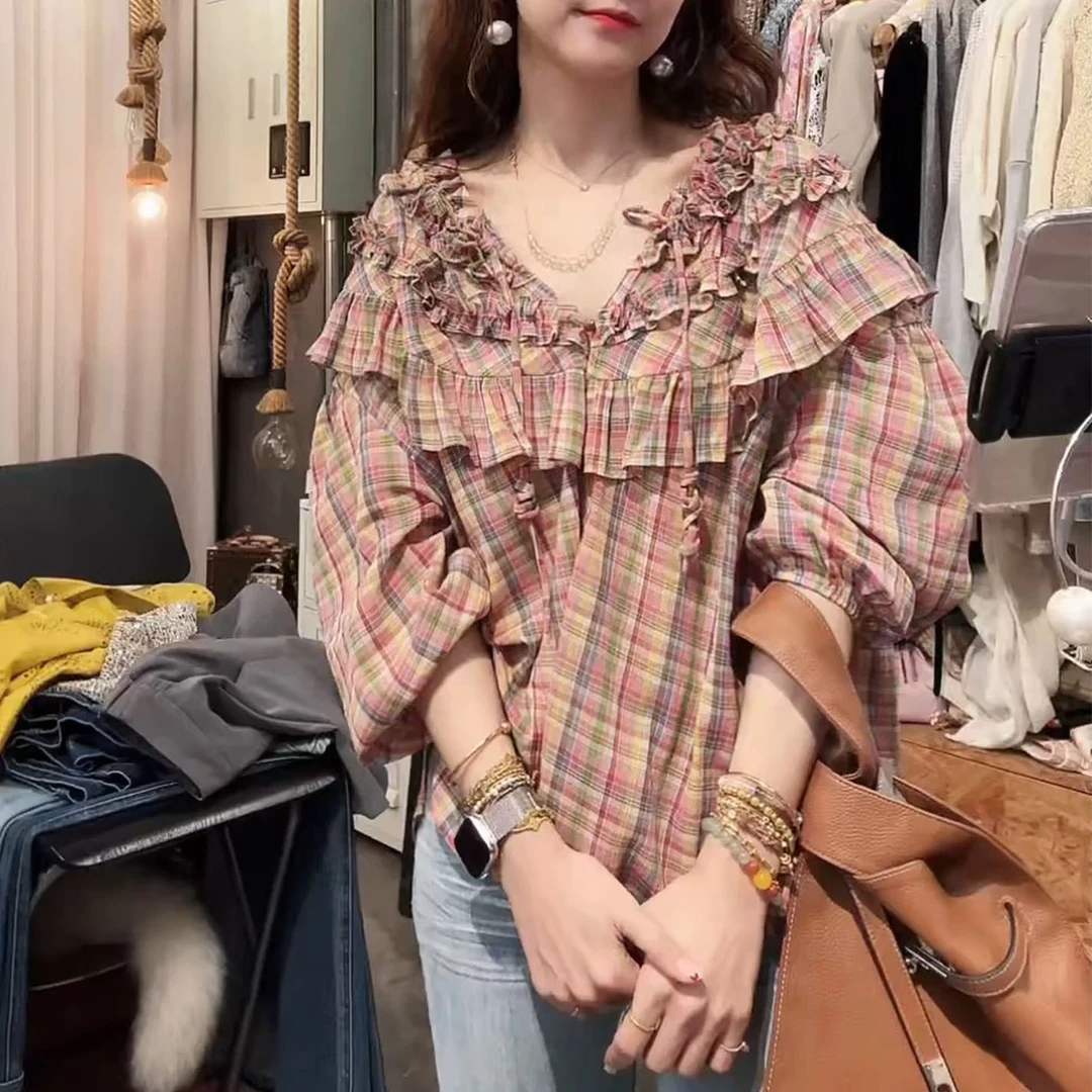 时尚法式格子衬衫女2025春季新款宽松显瘦荷叶边拼接百搭休闲上衣