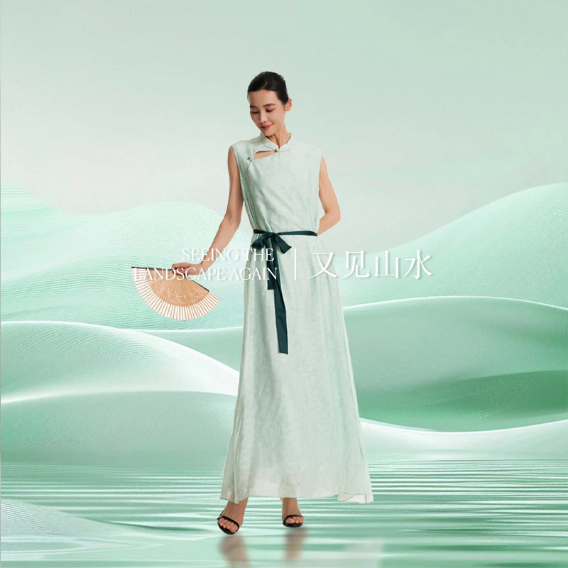 【又见山水】国风水绿新中式旗袍拼接提花四季日常连衣裙CC018
