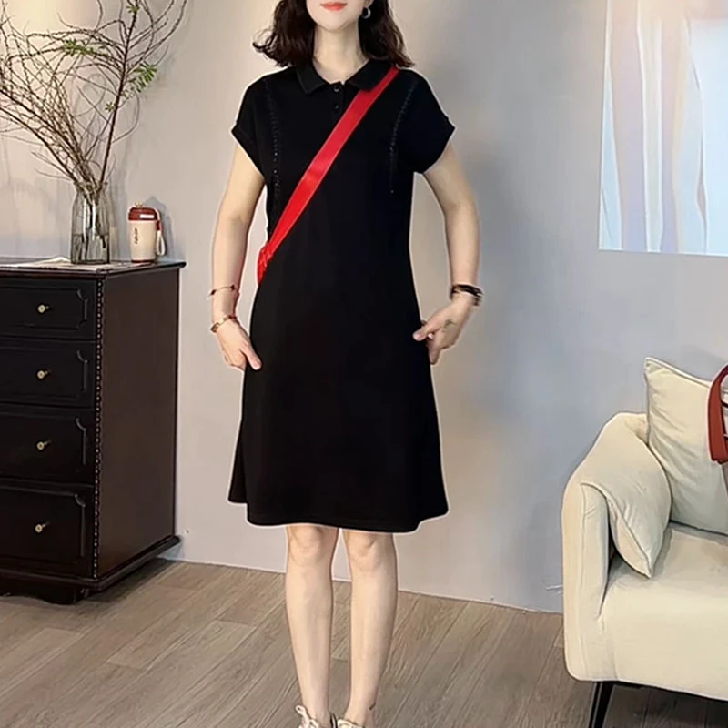 时尚洋气娃娃领短袖连衣裙女春秋新款纯色洋气百搭休闲设计感裙子
