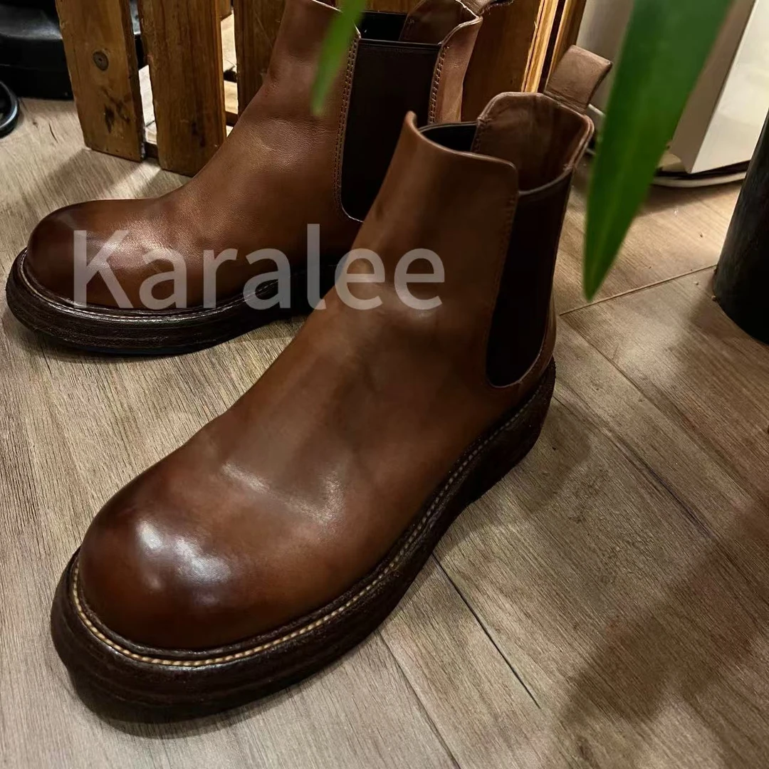 【复古·马皮靴】复古意大利马皮手工鞋圆头百搭真皮靴子，不能湿水