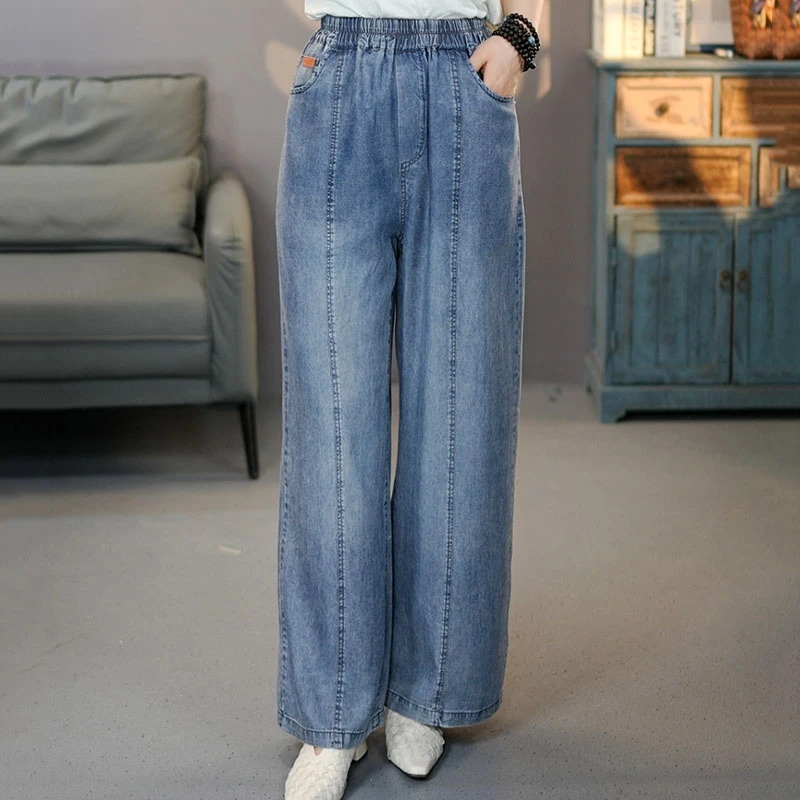 6850蓝色2025夏季新款莱赛尔牛仔直筒裤女宽松大码松紧时尚休闲