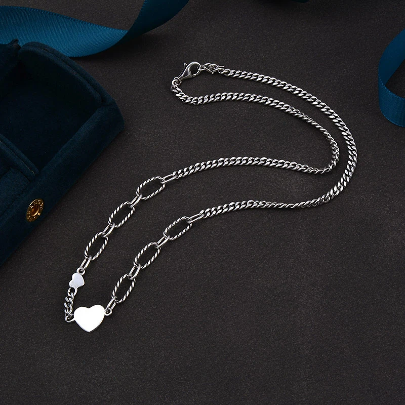 批SS925纯银爱心项链时尚简约爱心笑脸个性做旧心形泰银复古项链
